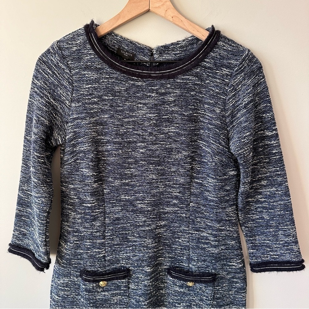 Talbots Tweed Shift Dress Womens 4 Petite Gold Buttons Front Pockets Scoop Neck - Picture 2 of 16